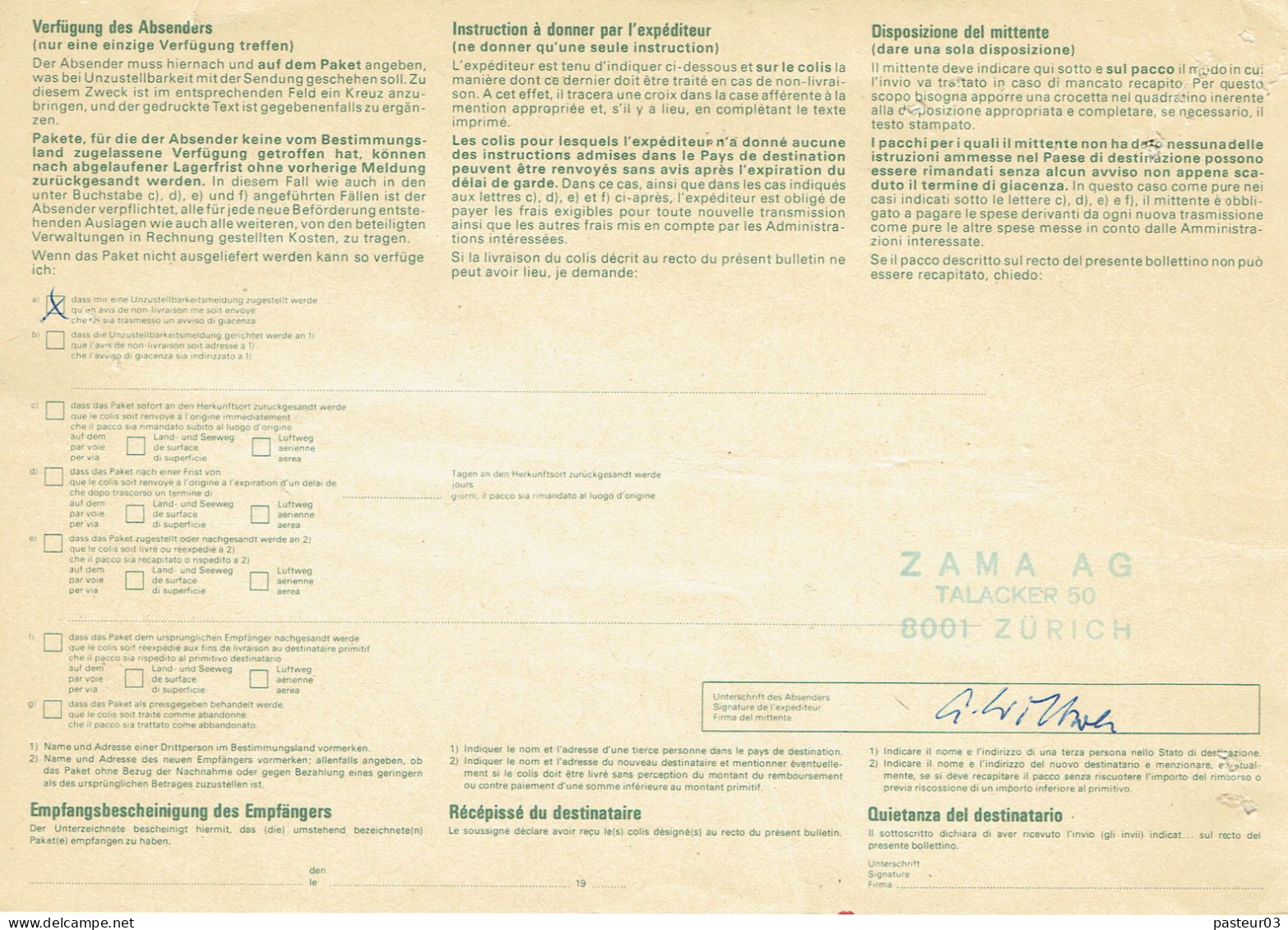 991 A Suisse Bulletin De Colis Postal De Suisse Du 29-04-1985 Avec N° 991 A (non Fuorescent RARE) + 660 € - Brieven En Documenten