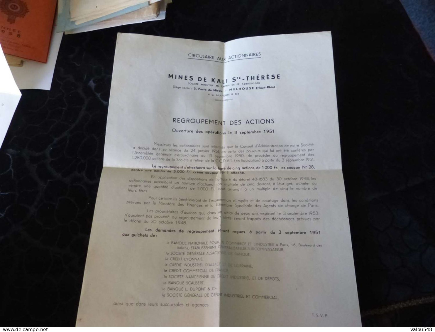 VP-37 , Circulaires Aux Actionnaires, Mines De Kali Ste Thérèse, Mulhouse, 3 Septembre 1951 - 1950 - ...
