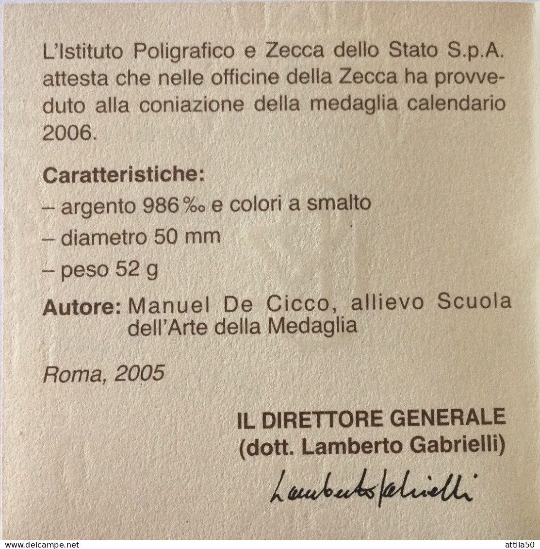 Istituto Poligrafico Dello Stato- Medaglia Calendario 2006 Argento E Smalti - Gr.52 Diam. 50mm. - Monetary/Of Necessity