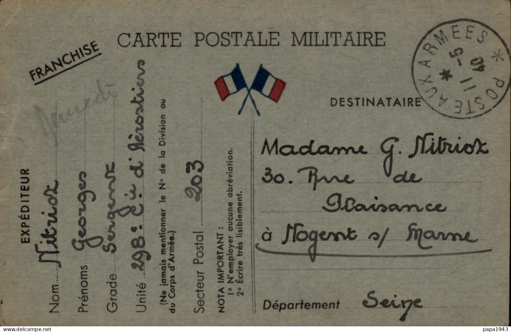 1940  CARTE MILITAIRE  S P 203 Envoyé à NOGENT Sur MARNE - Briefe U. Dokumente