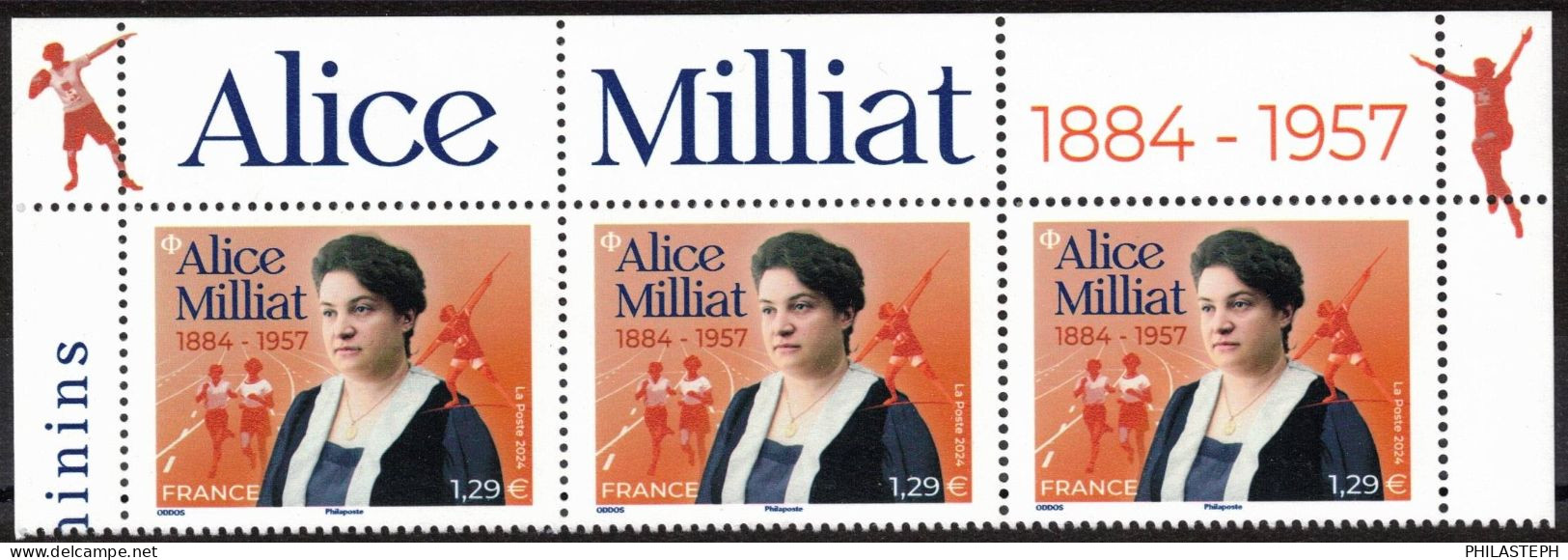 FRANCE 2024 - Alice Milliat - Bande De 3 Haut De Feuille Avec Texte -  Neuf ** - Unused Stamps