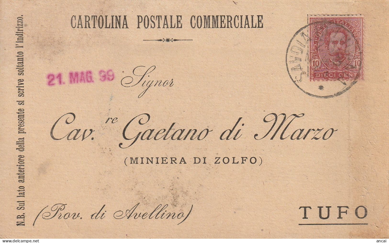 Italy. A213. Savoia Di Potenza. 1899. Annullo Grande Cerchio SAVOIA DI POTENZA,  Su Cartolina Postale Commerciale - Marcophilia