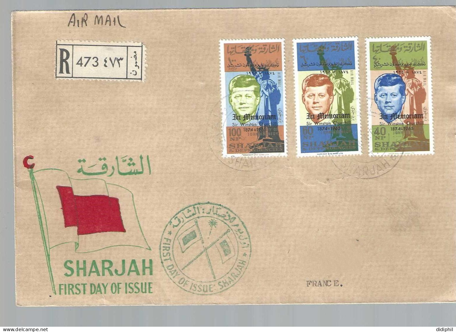 SHARJAH  FDC AYANT CIRCULE EN RECOMMANDE POUR LA FRANCE EN MEMOIRE DE CHURCHILL  PEU COURANT - Sharjah