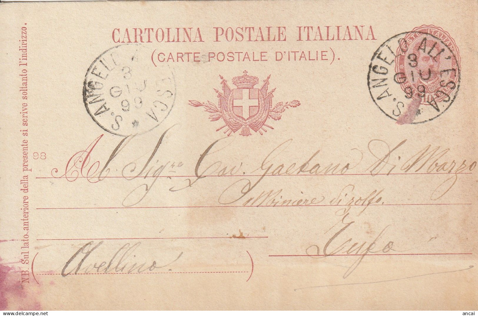 Italy. A213. S. Angelo All'Esca. 1899. Annullo Grande Cerchio S. ANGELO ALL'ESCA ,  Su Cartolina Postale - Poststempel