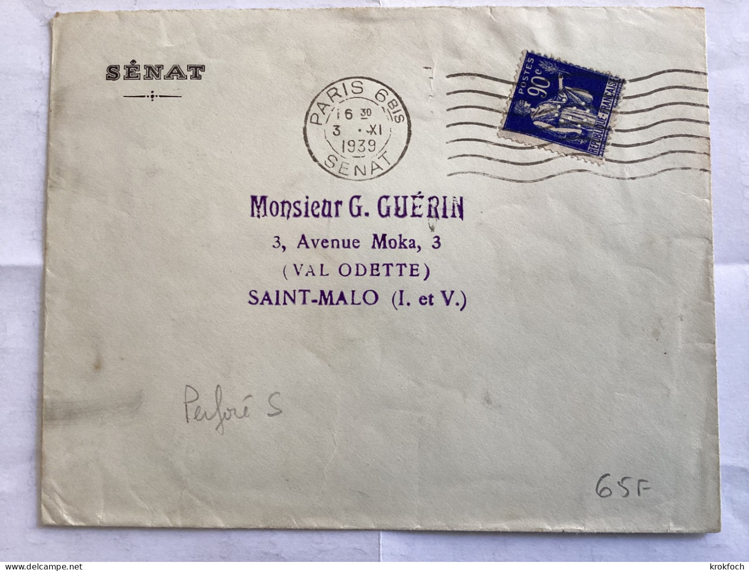 Paix Perforé S Sur Lettre Sénat - Paris 6 Bis 1939 Sénat - Covers & Documents