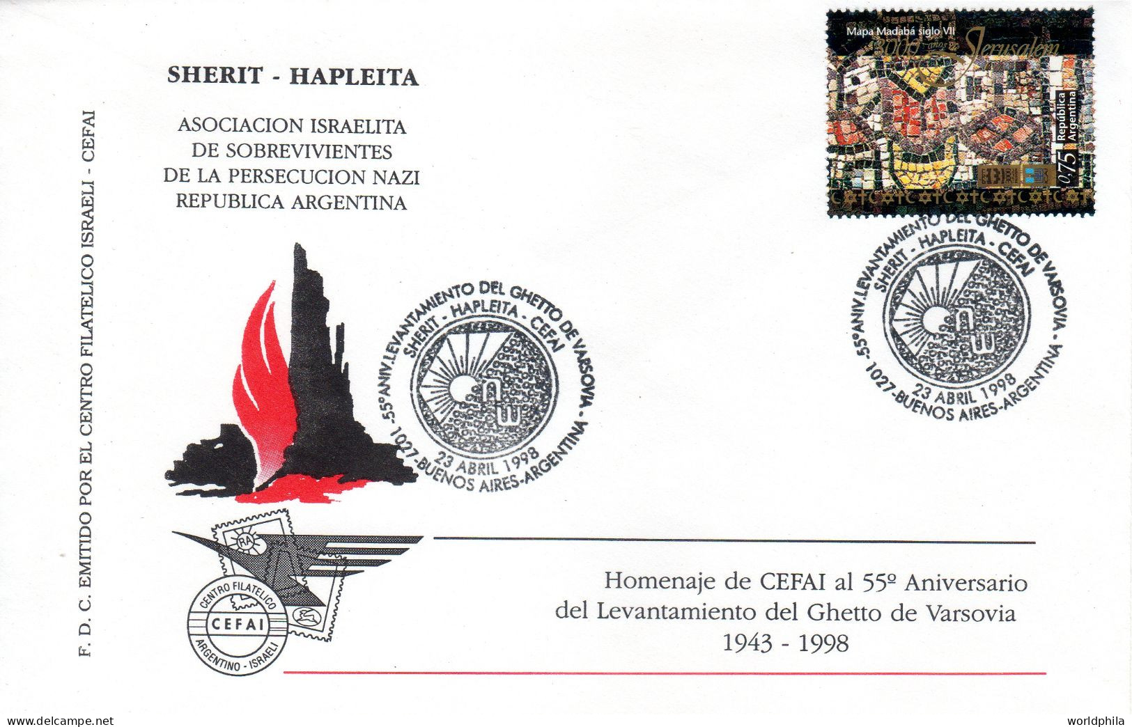 Judaica, Argentina, 1998 55th Rebellion Of Warsaw Getto, Jerusalem Madaba Map, Special Cover - Jewish