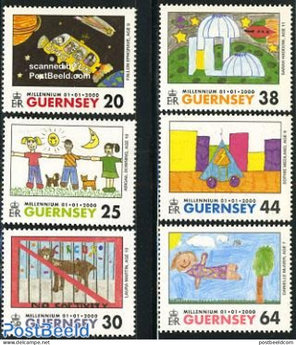 Guernsey 2000 Future On Stamps 6v, Mint NH, Nature - Transport - Cats - Dogs - Automobiles - Space Exploration - Art -.. - Autos
