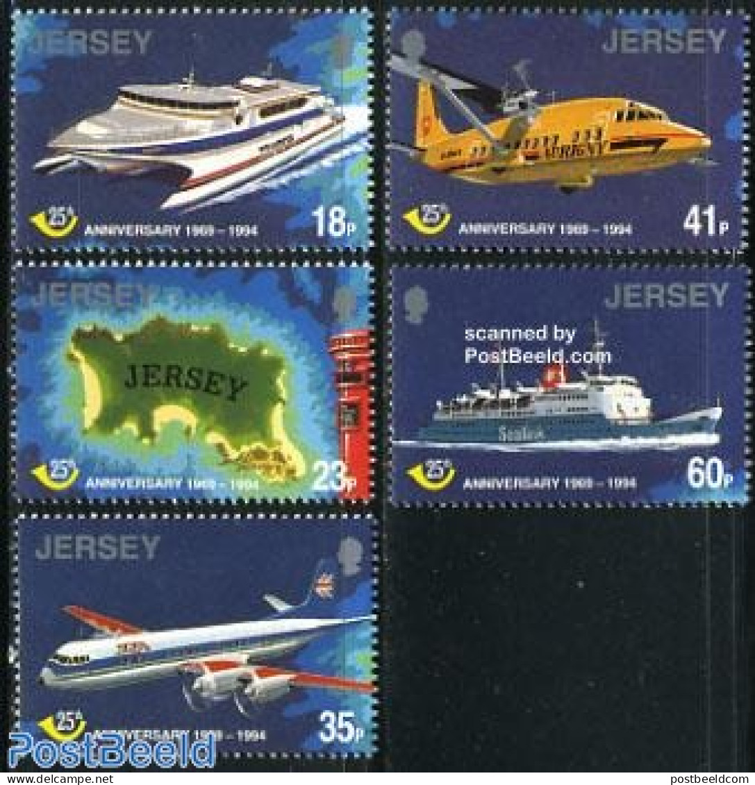 Jersey 1994 Postal Service 5v, Mint NH, Transport - Various - Post - Aircraft & Aviation - Ships And Boats - Joint Iss.. - Poste