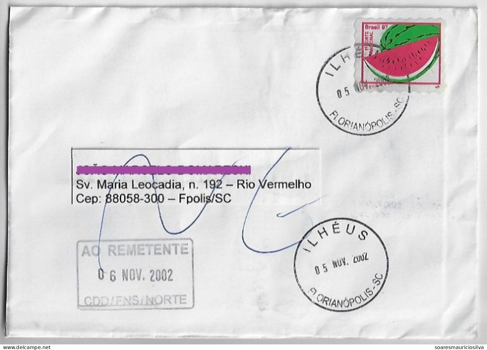 Brazil 2002 Returned To Sender Cover Shipped In Florianópolis Ilhéus Agency Stamp Fruit Watermelon - Lettres & Documents