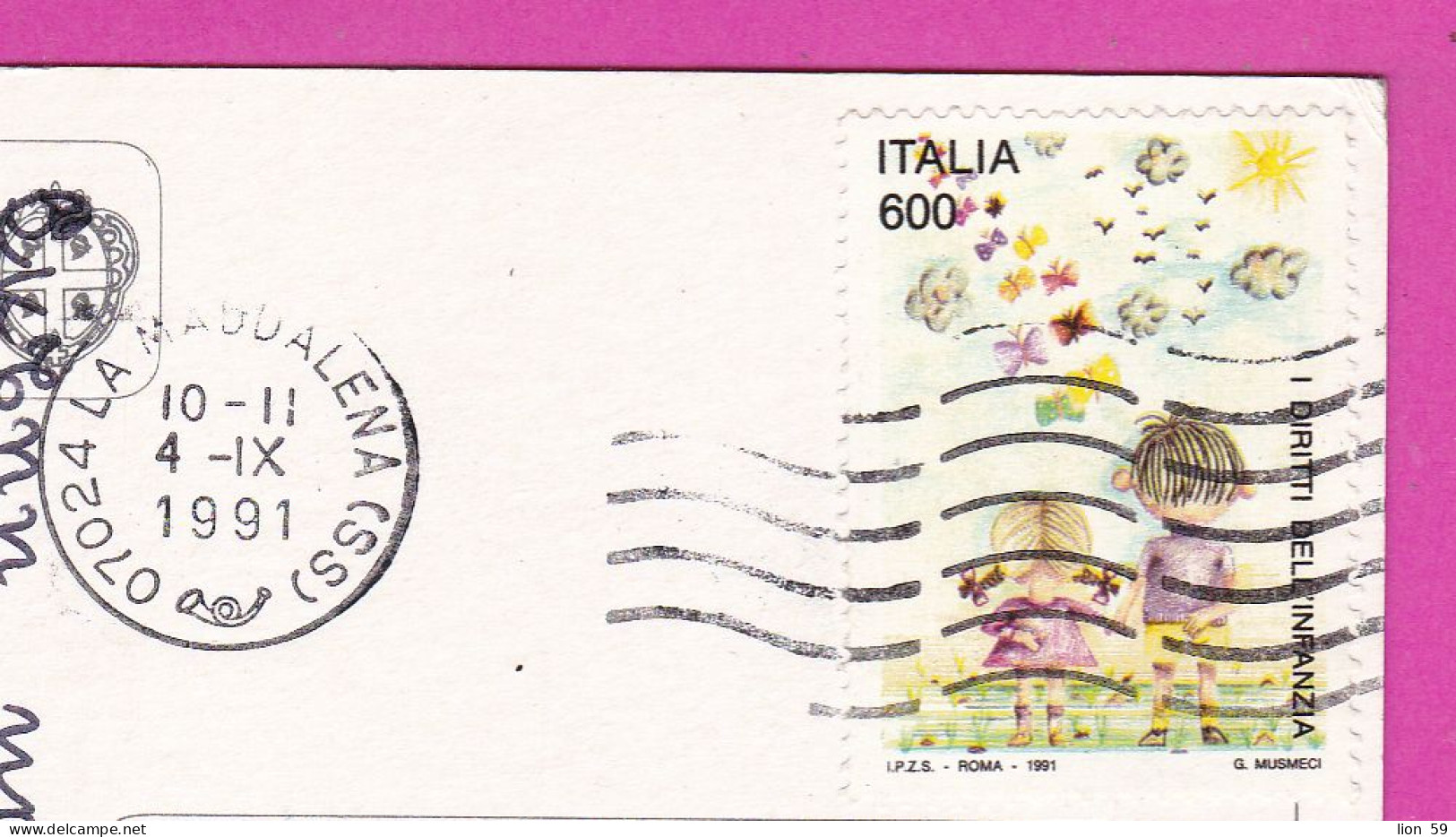 294039 / Italy - CONOSCERE "LA SARDEGNA" LA MADDALENA PC 1991 USED 600 L Children's Rights BUTTERFLY SUN - 1991-00: Poststempel