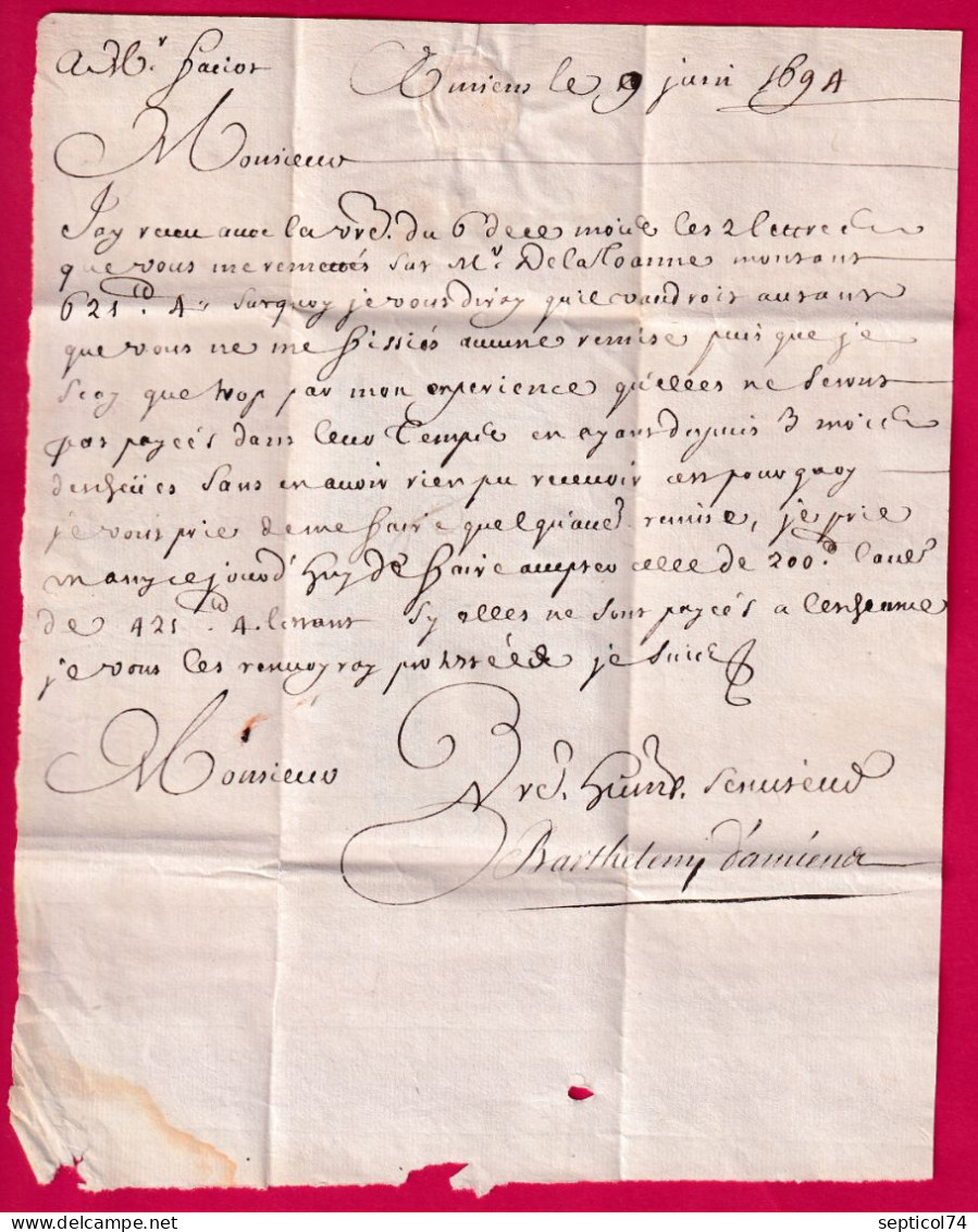 LETTRE DE AMIENS SOMME 1694 POUR REIMS MARNE TAXE 6 LETTRE - ....-1700: Voorlopers