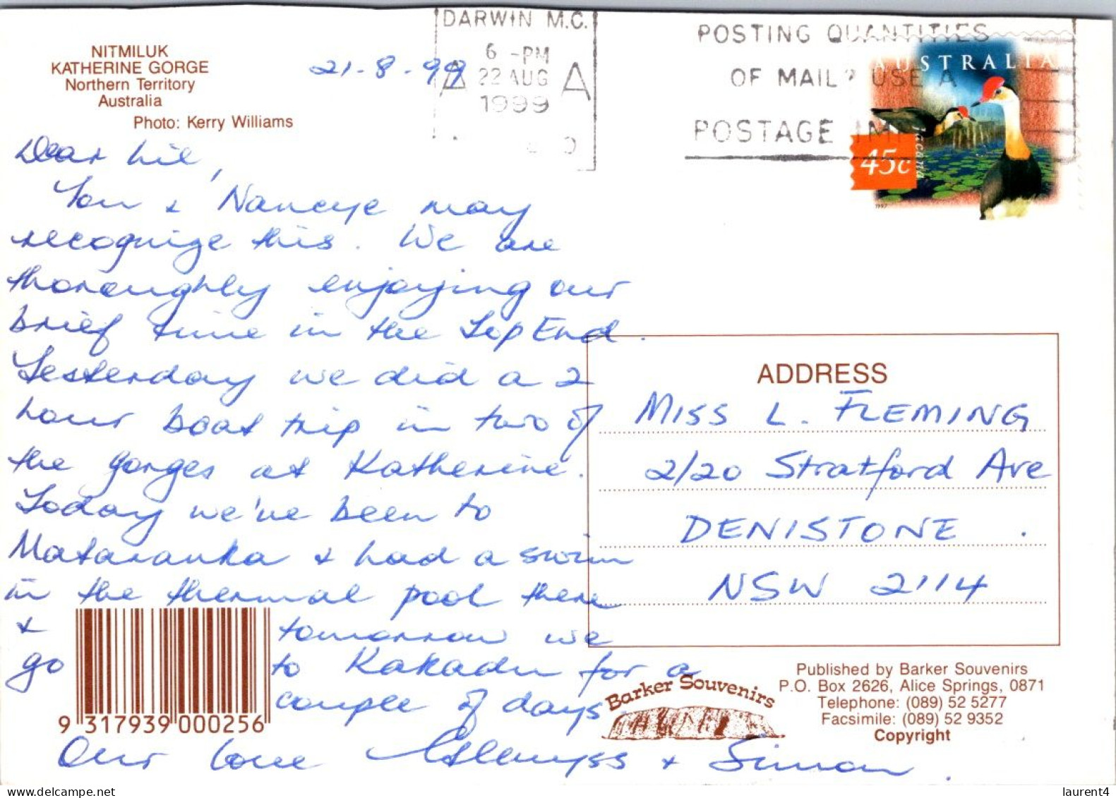 11-5-2024 (4 Z 41) Australia - NT - Katherine Gorge  (posted 1999 With Bird Stamp) - Katherine