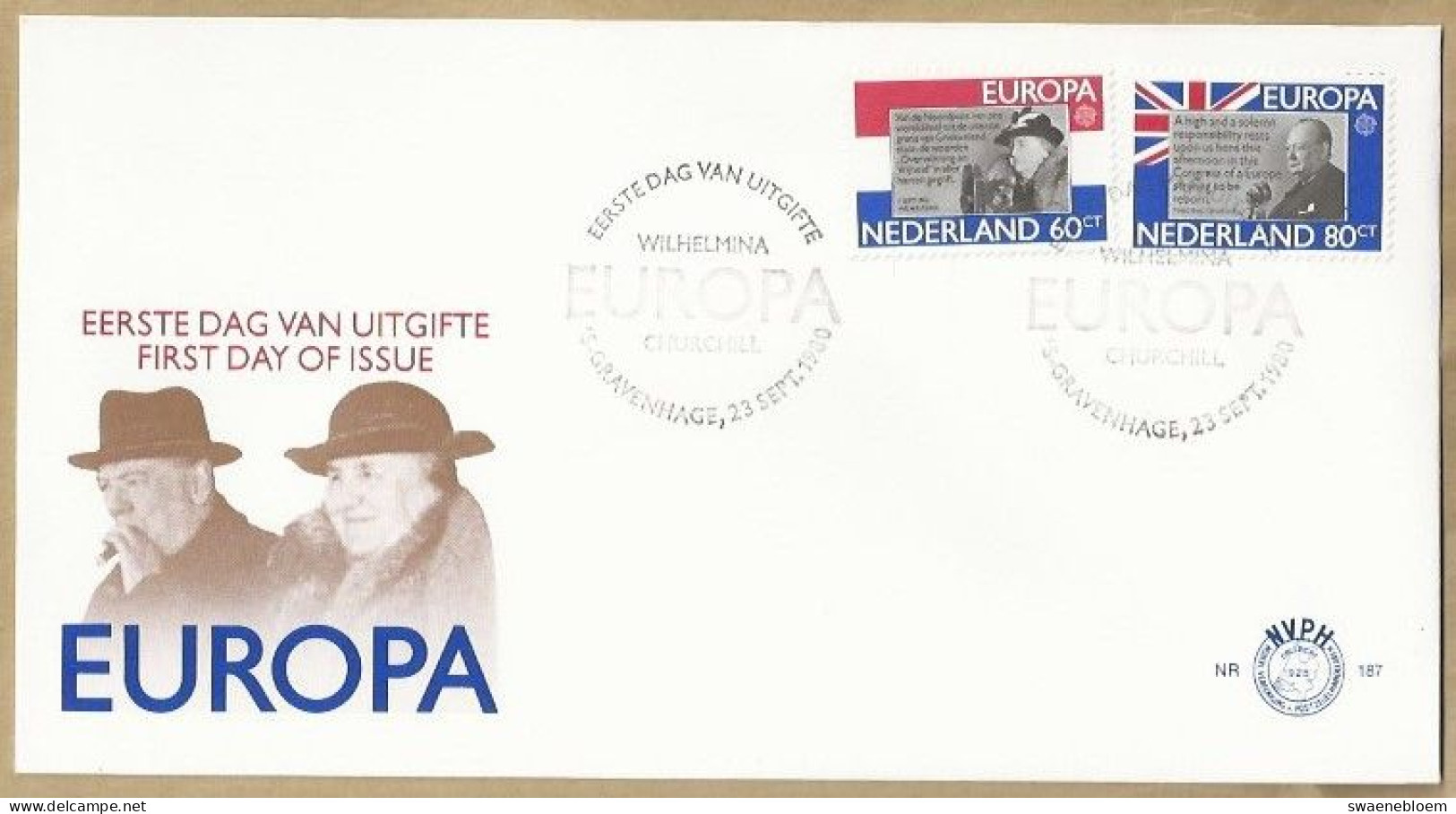 NL.- FDC. NVPH Nr. 187. EERSTE DAG VAN UITGIFTE. FIRST DAY OF ISSUE. 23-09-1980. EUROPA. WINSTON CHURCHILL. WILHELMINA. - FDC