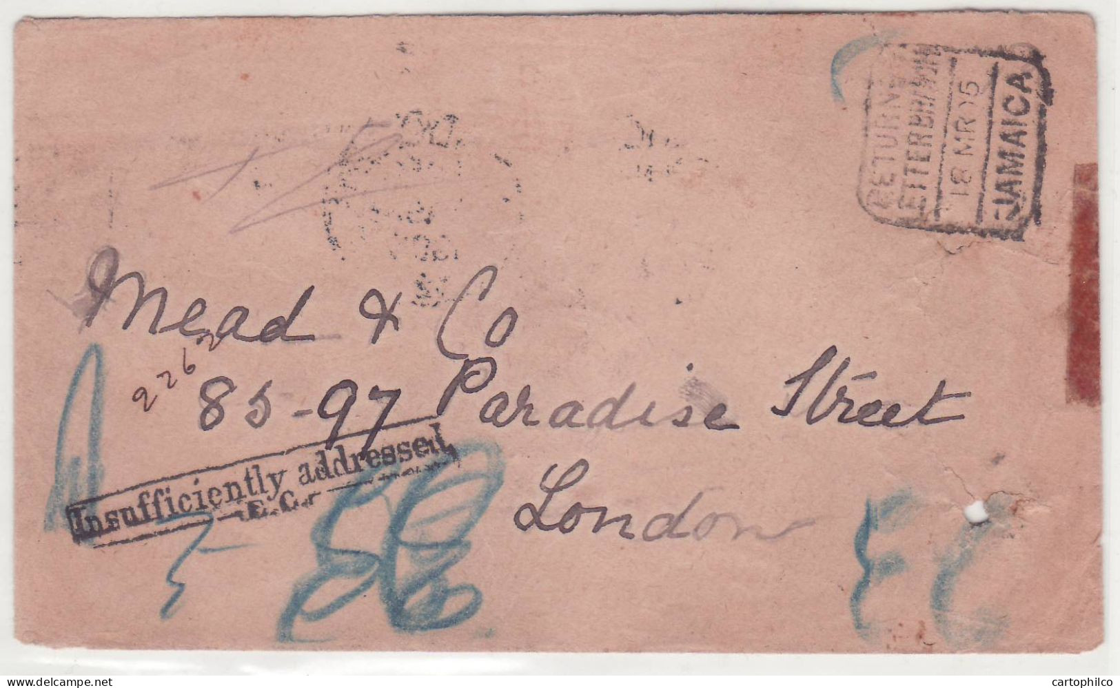 Jamaica 1905 Rare Cover Sent Twice To England UK London And Returned Twice - Jamaïque (...-1961)