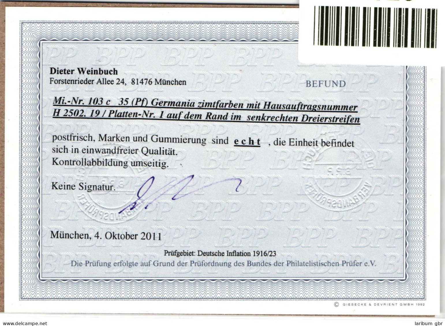 Deutsches Reich 103 C HAN Postfrisch H 2502.19, Befund Weinbuch BPP #NL026 - Otros & Sin Clasificación