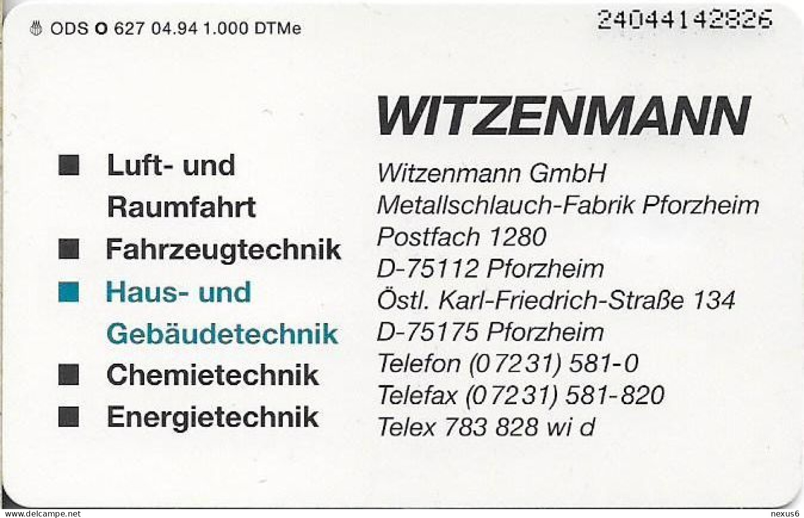 Germany - Witzenmann GmbH 6 - Haus - O 0627 - 04.1994, 6DM, 1.000ex, Mint - O-Series: Kundenserie Vom Sammlerservice Ausgeschlossen