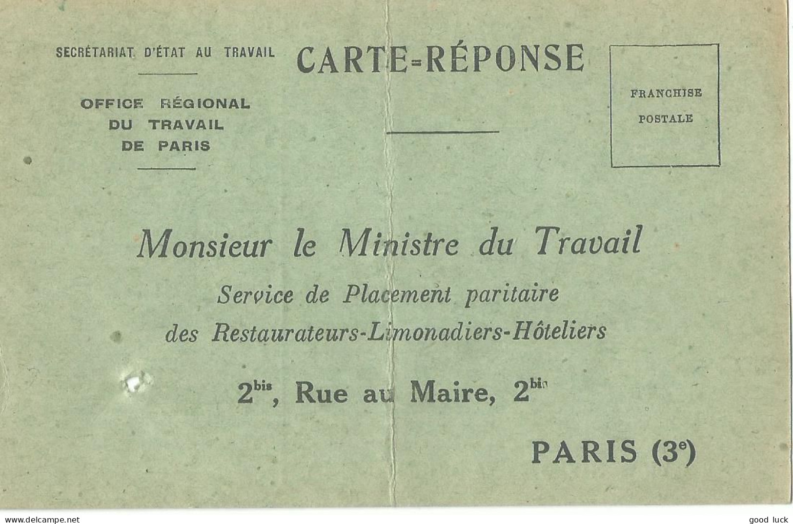 FRANCE CARTE OFFICE DU TRAVAIL PARIS ( UNE CUISINIERE ) DE 1942  LETTRE COVER - Cartas Civiles En Franquicia