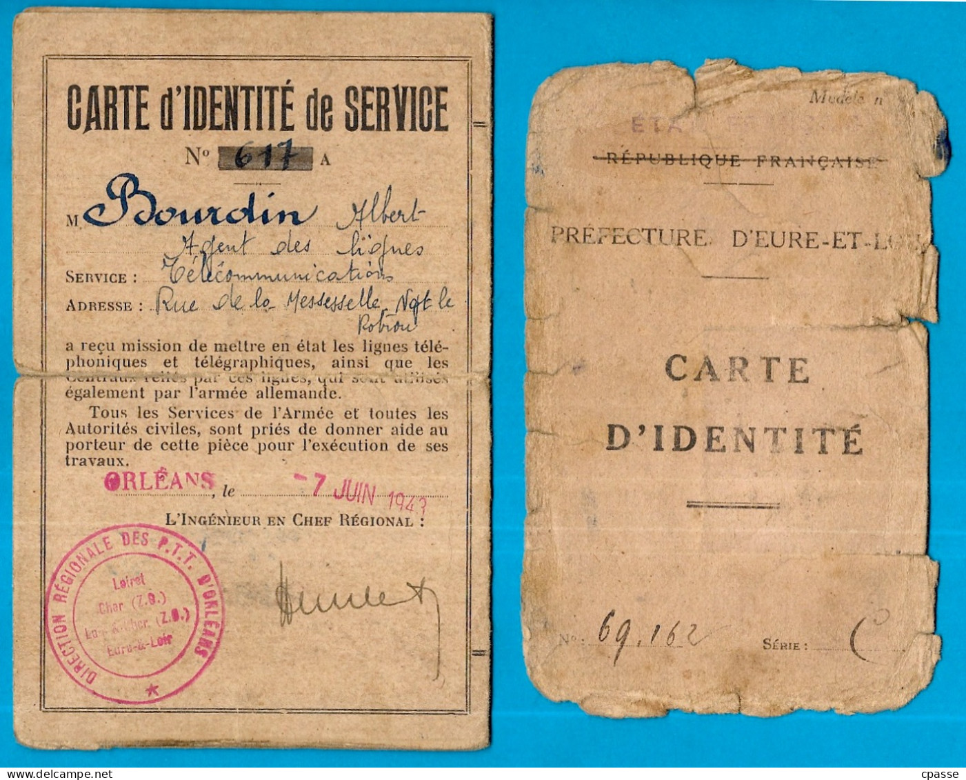 DIENSTAUSWEIS Délivré à 45 Orléans En Juillet 1943 + Pièce D'identité Agent Des Lignes P.T.T. * Occupation Allemande - 1939-45