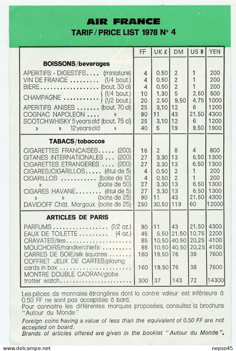 Air France.Tarif Des Prix à Bord.Articles De Paris.Tabacs.Boissons.Montre Richerds-Zeger Double Cadrans Fuseaux Horaires - Advertenties