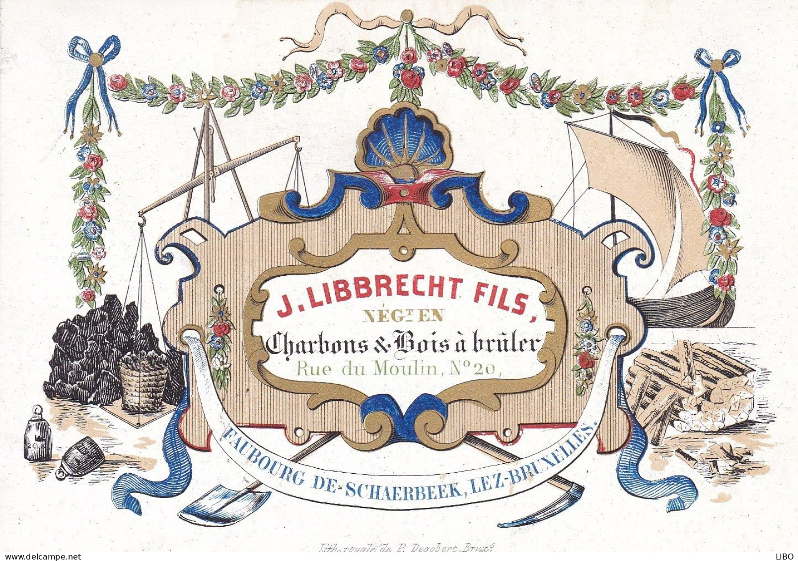 BRUXELLES  SCHAERBEEK Négociant Charbons Et Bois à Brûler LIBBRECHT J., Fils Carte Porcelaine Années 1850 - Cartes De Visite