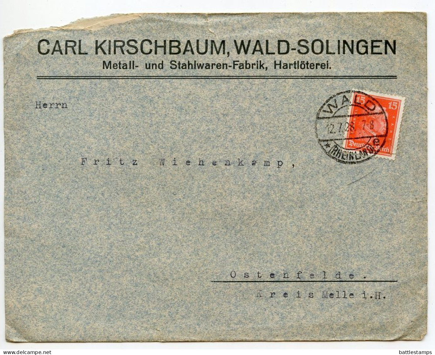 Germany 1928 Cover & Invoice; Wald (Rhineland) - Carl Kirschbaum, Metall- Und Stahlwaren-Fabrik; 15pf. Kant - Storia Postale