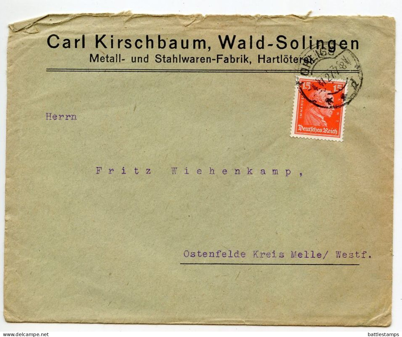 Germany 1927 Cover & Invoice; Ohligs - Carl Kirschbaum, Metall- Und Stahlwaren-Fabrik; 15pf. Immanuel Kant - Lettres & Documents