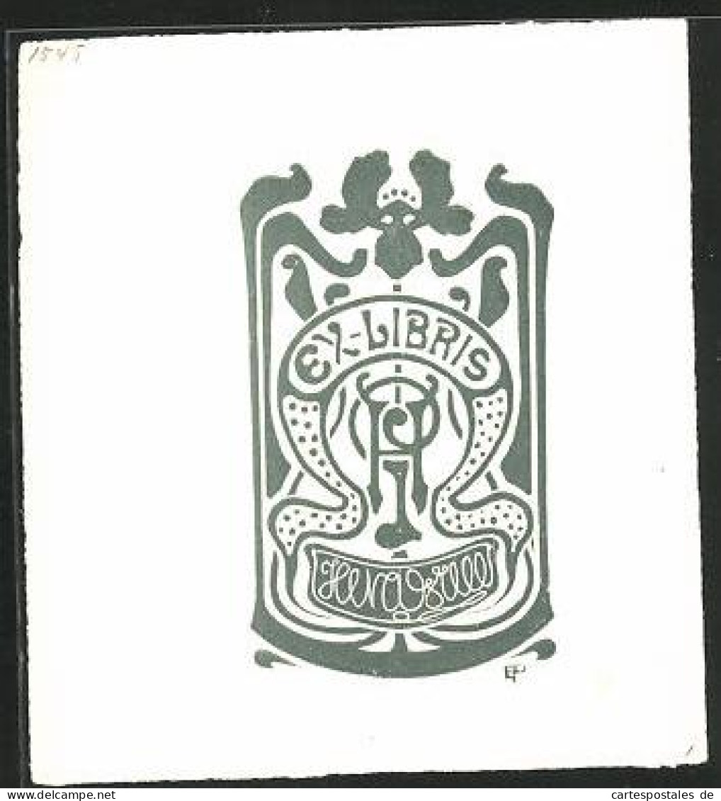 Exlibris Holzschnitt, Buchstaben, Rankenornamentik  - Ex-Libris