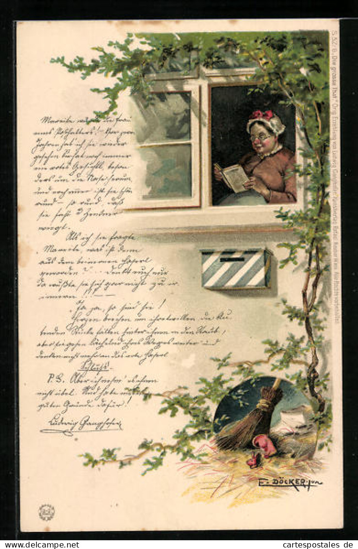 Künstler-AK E. Döcker: Betagte Dame Lesend Am Fenster  - Döcker, E.