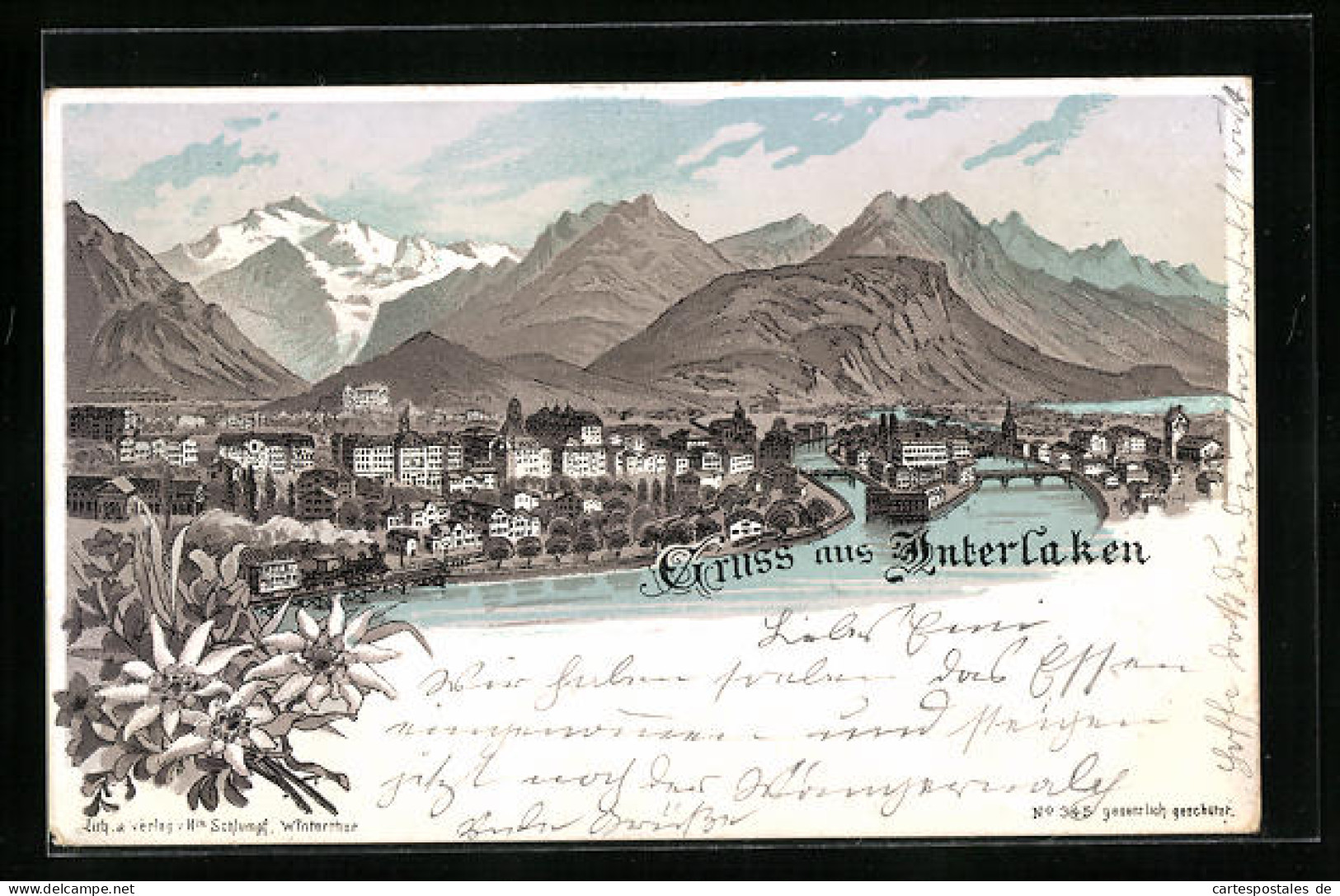 Lithographie Interlaken, Totalansicht Gegen Das Gebirge  - Interlaken