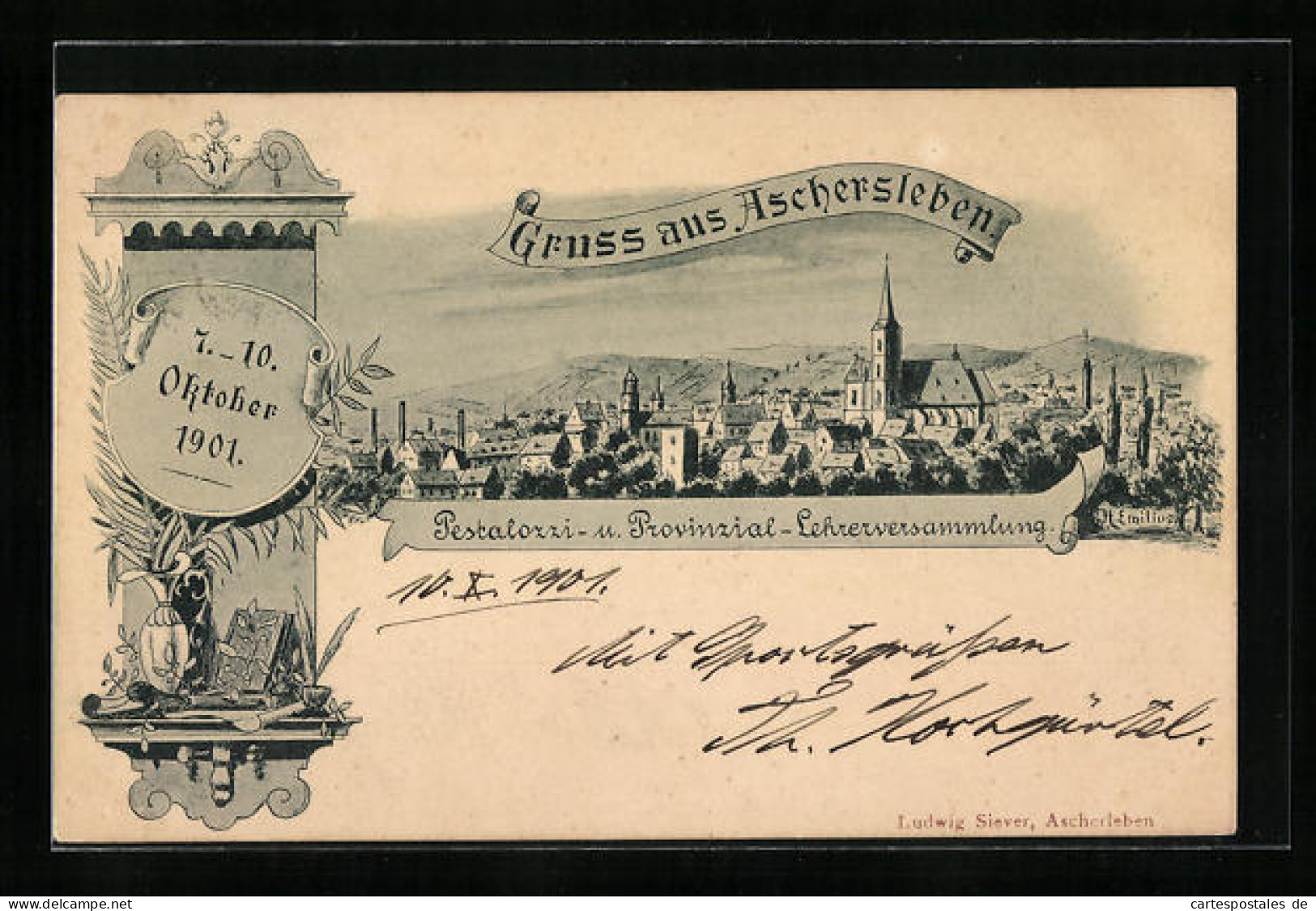 Künstler-AK Aschersleben, Pestalozzi- U. Provinzial-Lehrerversammlung 1901, Teilansicht  - Aschersleben
