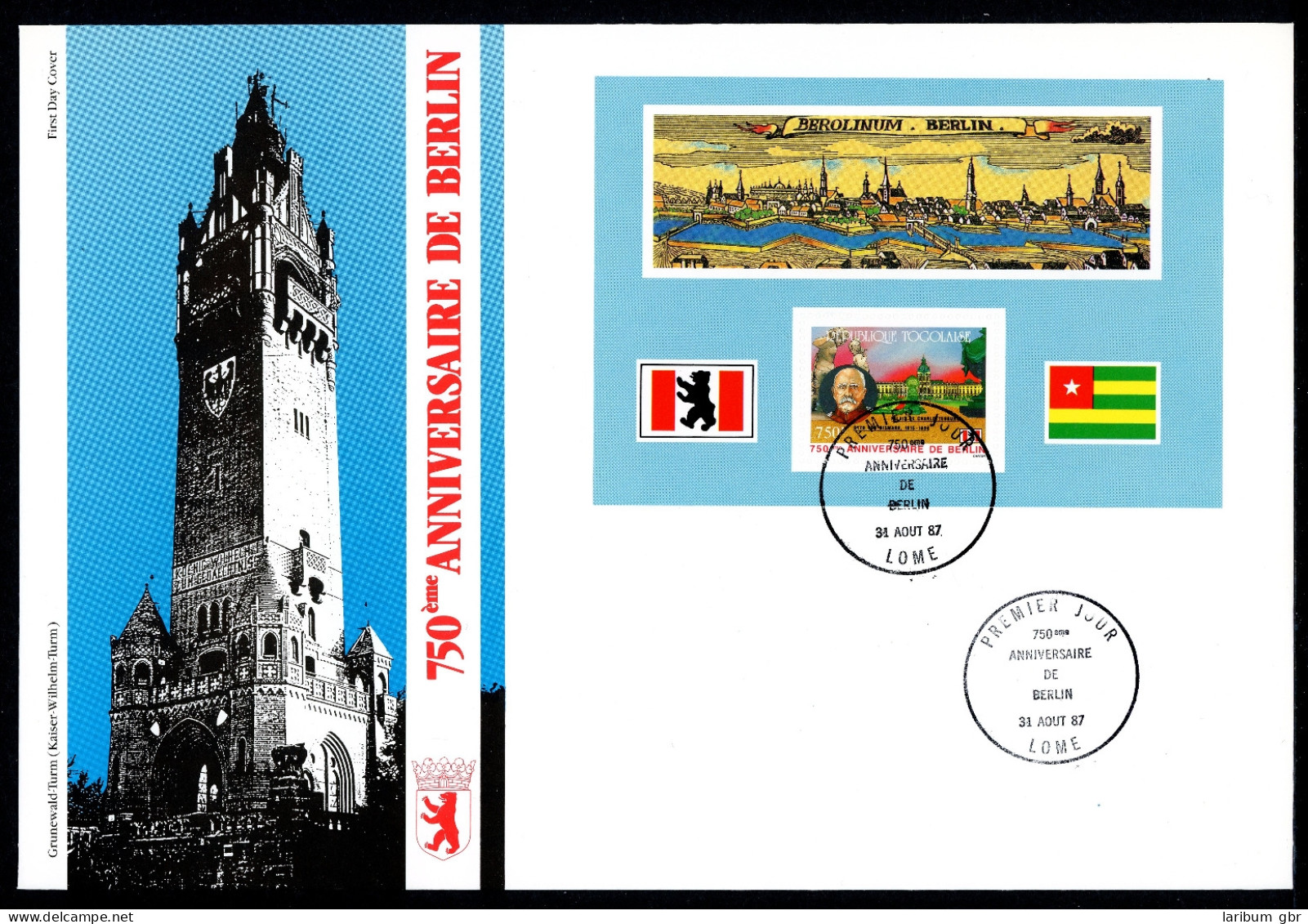 Togo 750 Jahre Berlin Block 297 Ersttagesbrief/FDC #IX415 - Togo (1960-...)