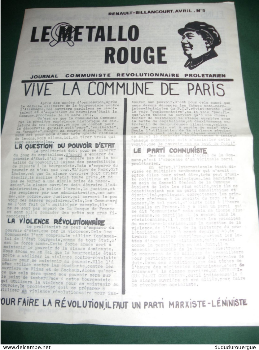 LE METALLO ROUGE , JOURNAL DES COMMUNISTES REVOLUTIONNAIRES PROLETARIENS DE RENAULT BILLANCOURT LE N ° 5 - 1950 - Today