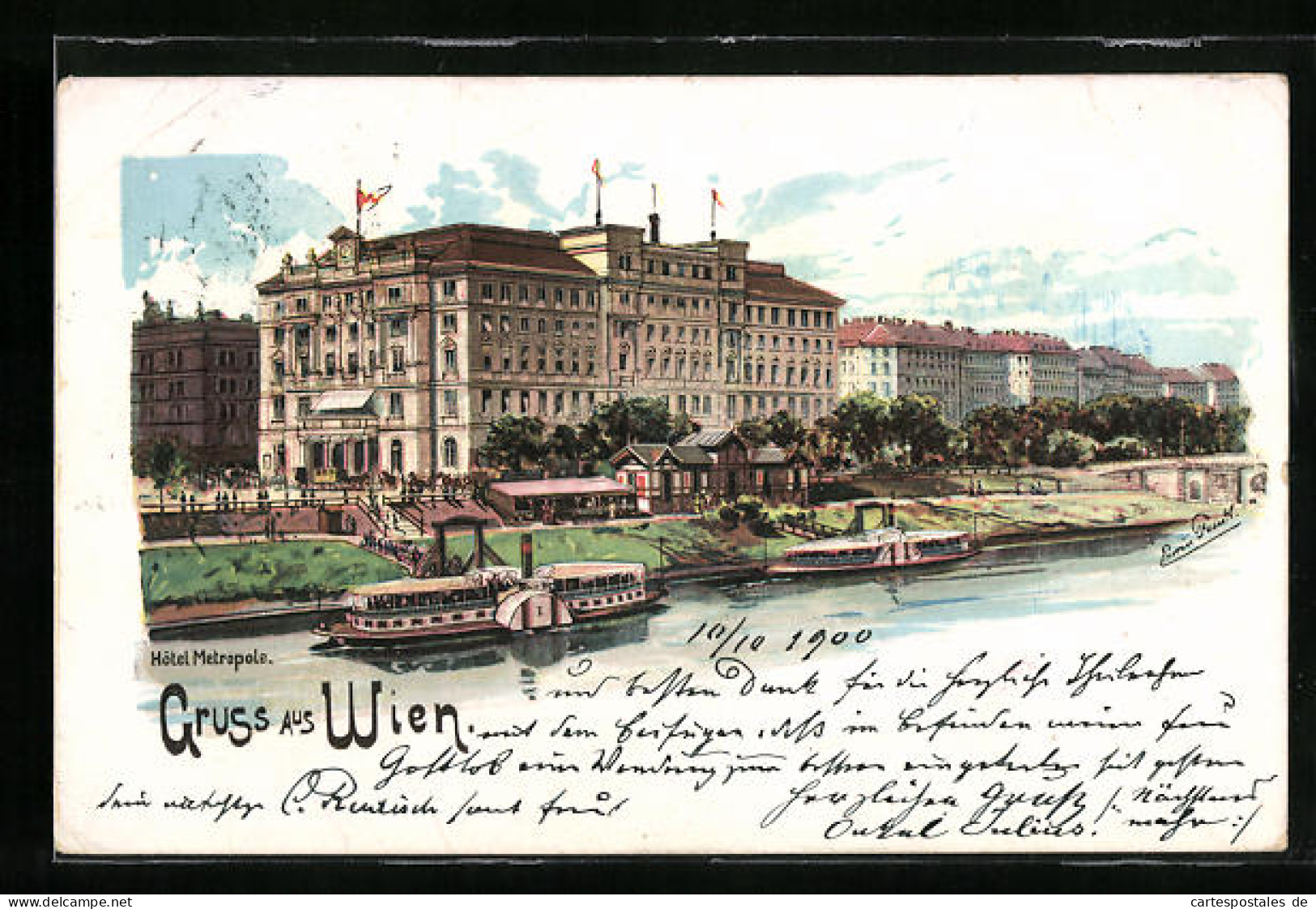 Lithographie Wien, Hotel Metropole Mit Dampfern  - Andere & Zonder Classificatie