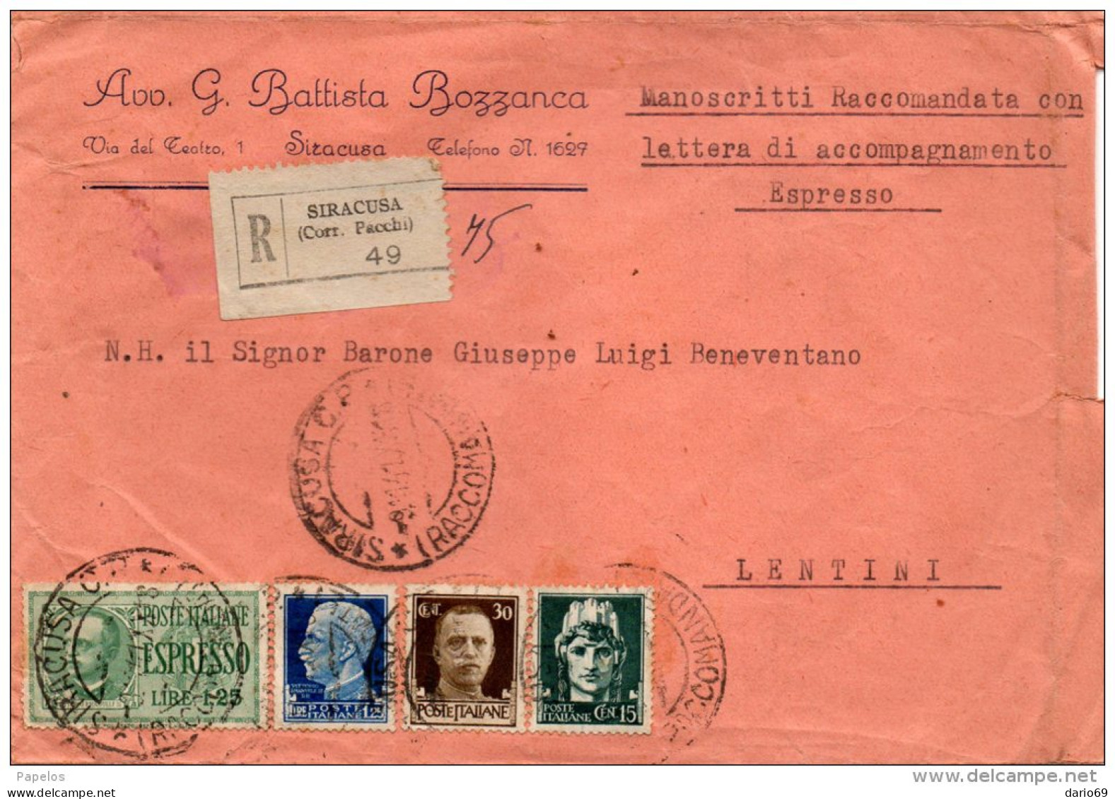 1941  LETTERA ESPRESSO CON ANNULLO SIRACUSA - Poste Exprèsse