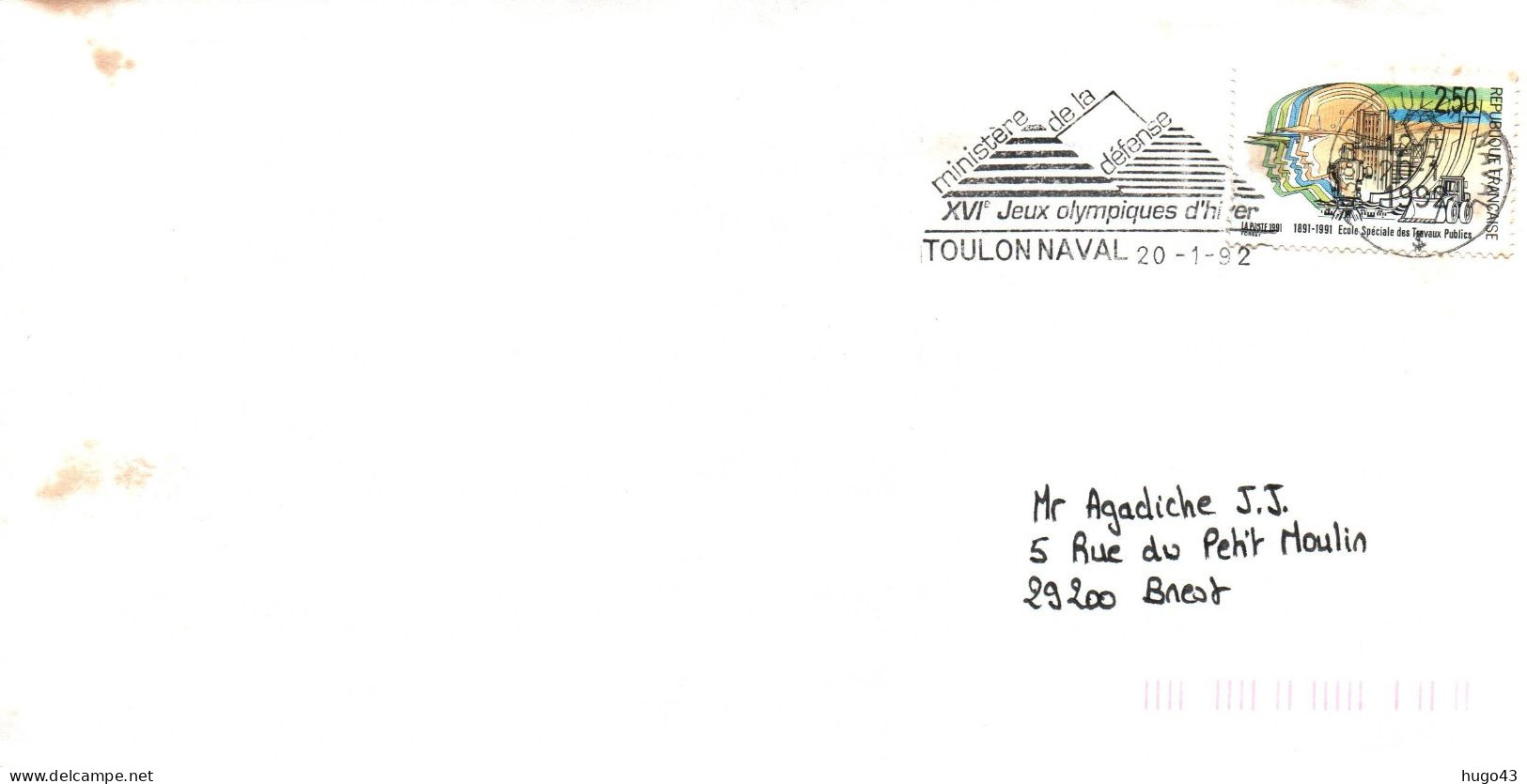 ENVELOPPE AVEC FLAMME TOULON NAVAL LE 20/1/1992 - BEAU TIMBRE - Seepost