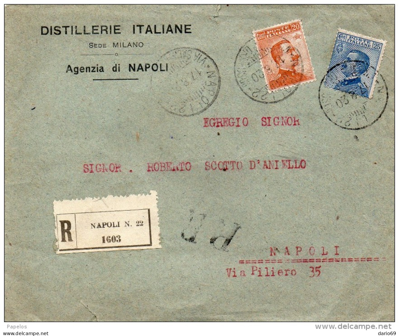 1920   LETTERA RACCOMANDATA INTESTATA DISTILLERIE ITALIANA CON ANNULLO  NAPOLI 22 - Poststempel