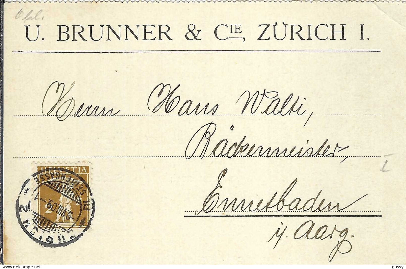 SUISSE Ca. 1909: CP Ill. De Zürich Pour Ennetbaden - Briefe U. Dokumente