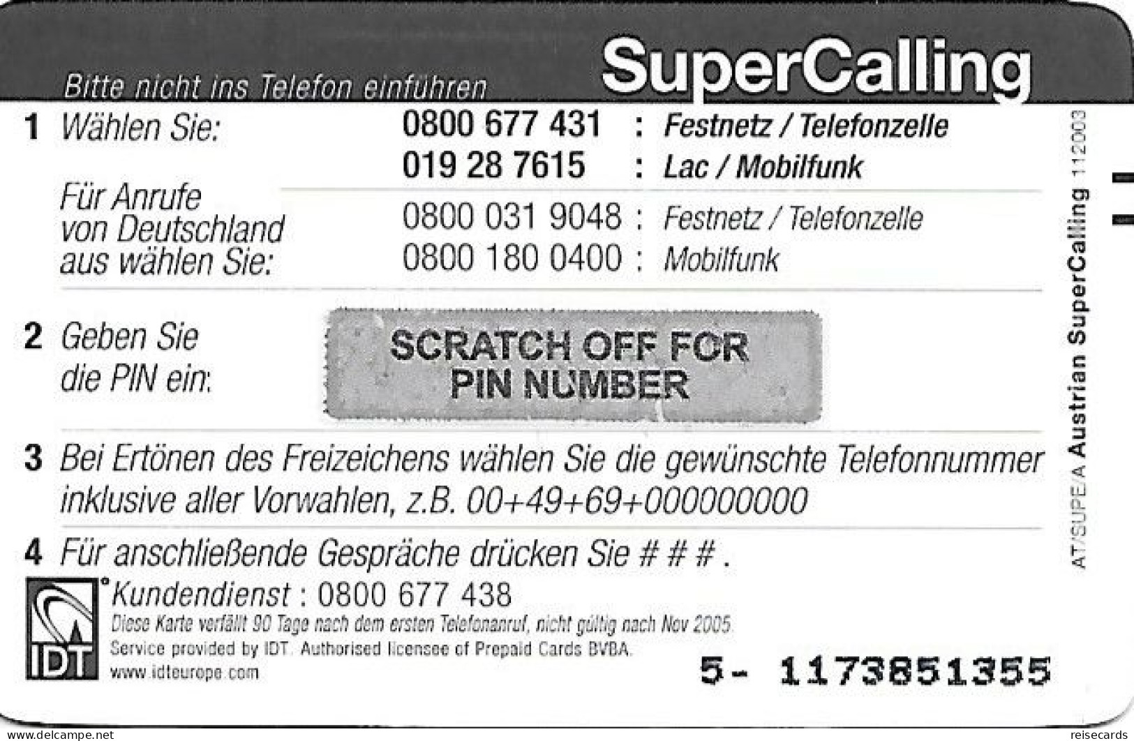 Austria: Prepaid IDT - Super Calling - Autriche