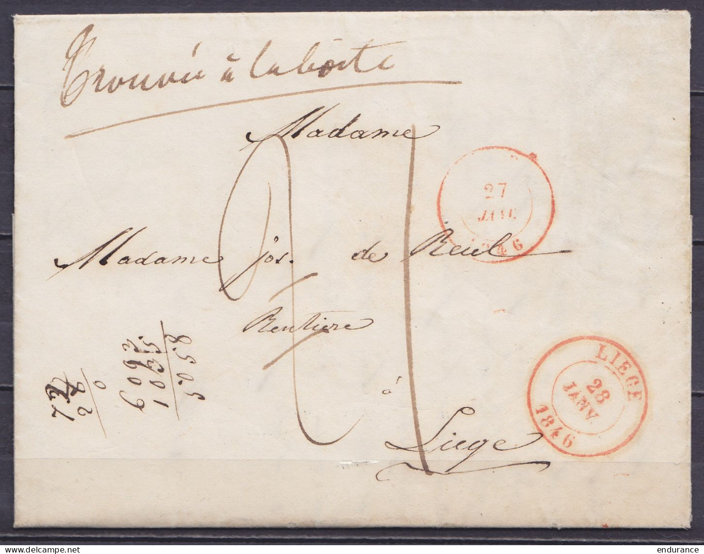 L. Càd VERVIERS /27 JANV. 1846 Pour LIEGE - Mal Distribuée, Remise Dans Une Boîte (man. "troiuvée à La Boïte") Nouveau C - 1830-1849 (Belgique Indépendante)