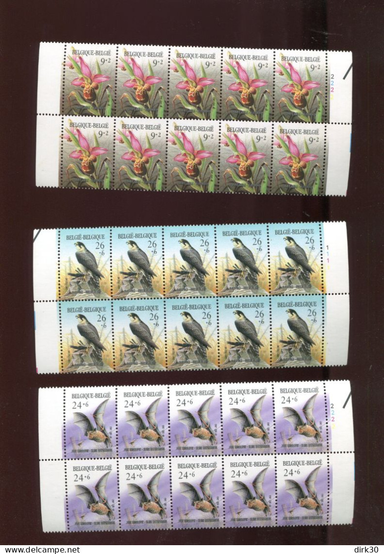 Belgie Andre Buzin Nature Birds Flowers Bat 2244/46 In Blokken Van 10 + Plaatnummer MNH (590fr Faciaal = 14.60€) - 1985-.. Oiseaux (Buzin)