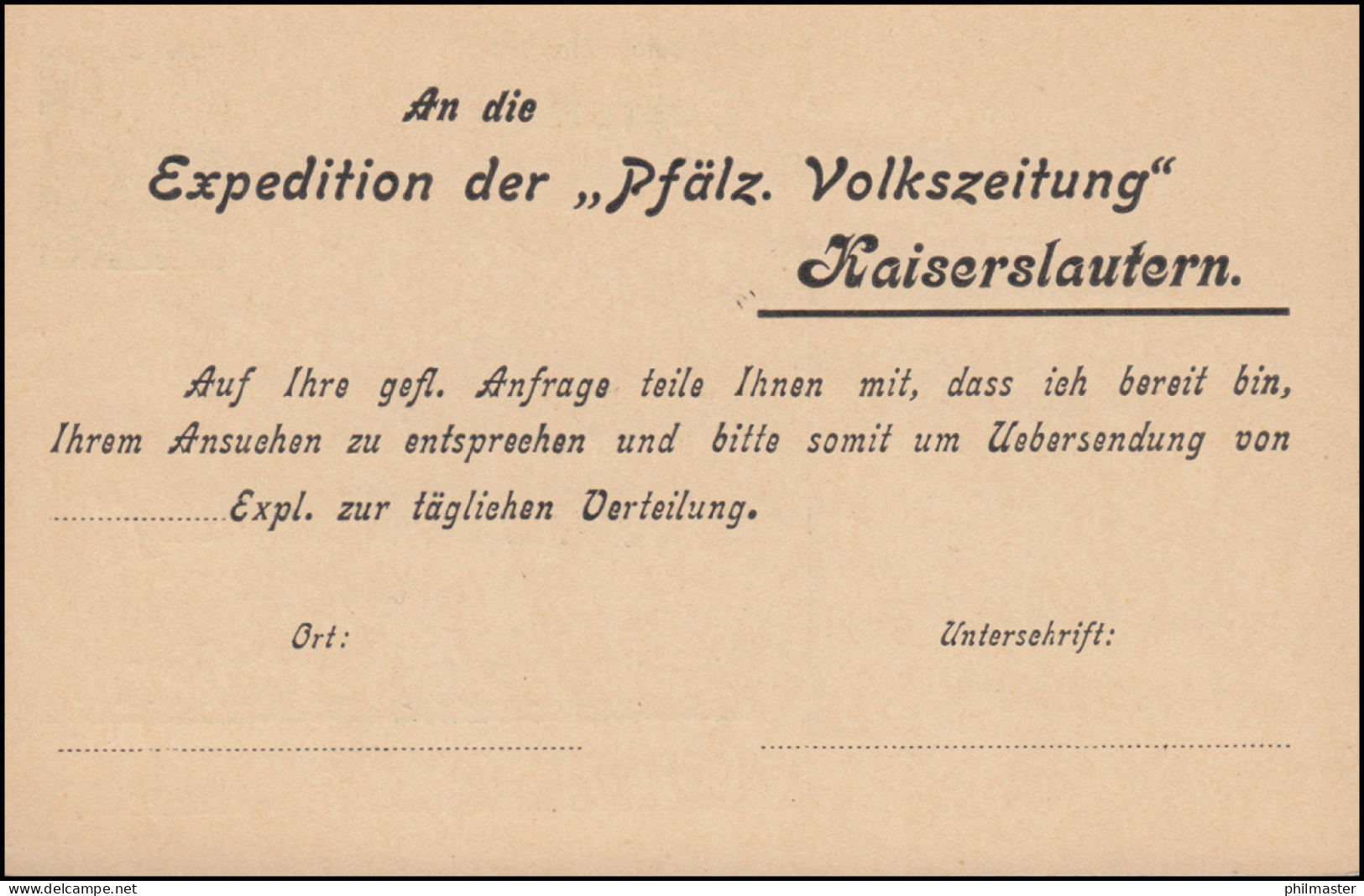 Postkarte P 83/01 Zudruck An Die Pfälzische Volkszeitung In Kaiserslautern, ** - Enteros Postales