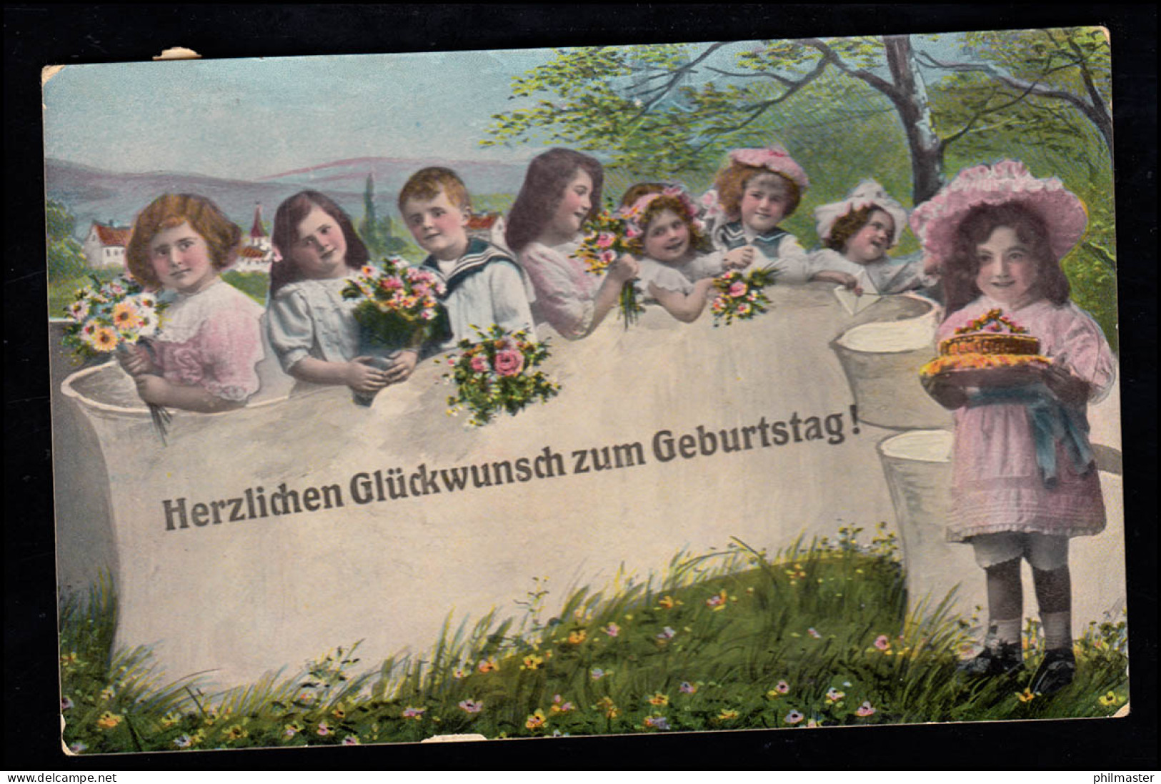 Kinder-AK Geburtstag: Mädchen Und Jungen Blumen Und Kuchen, SACHSENRIED 1917 - Altri & Non Classificati