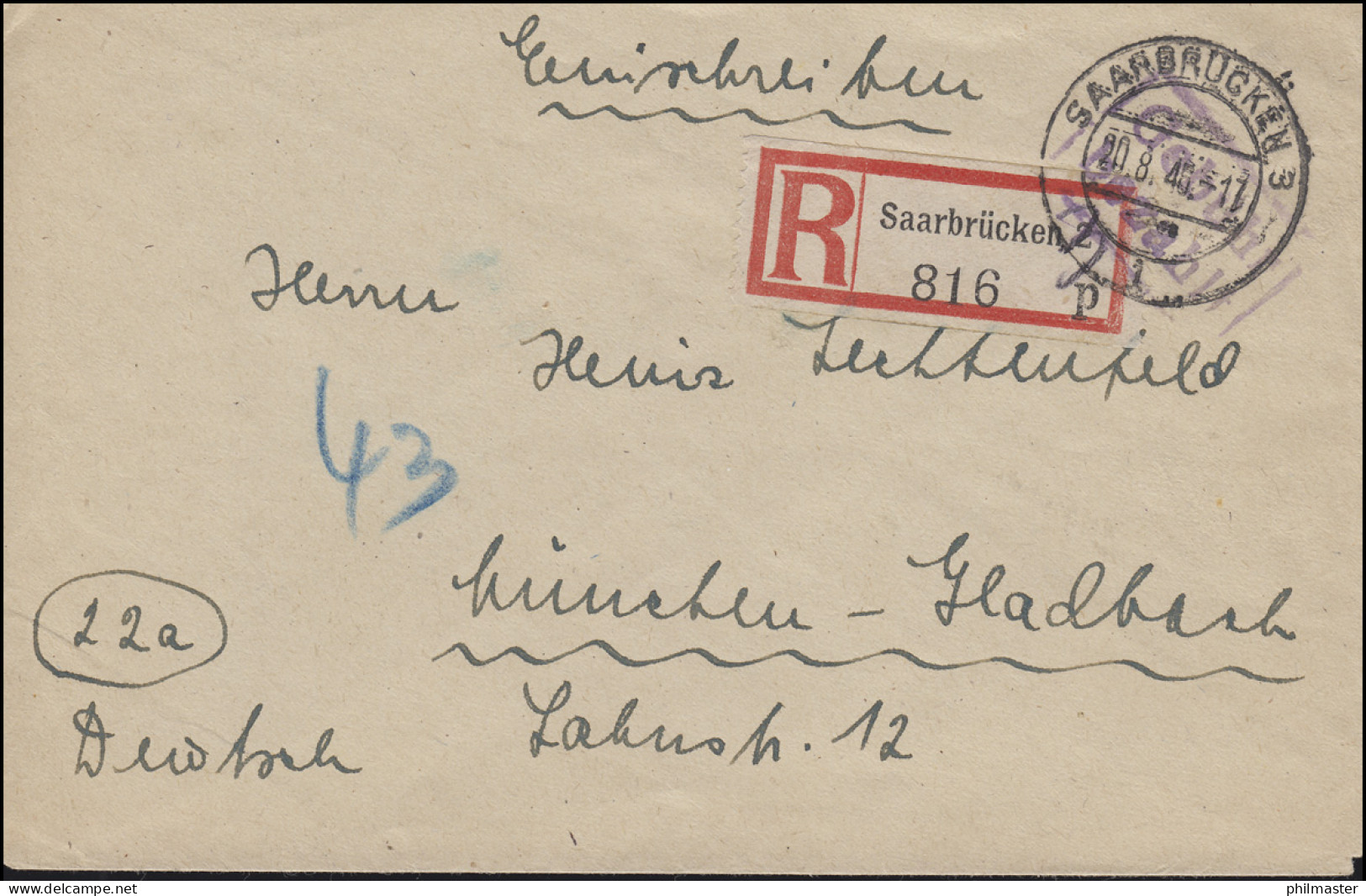 Saarland Gebühr-bezahlt-Stempel Auf R-Brief SAARBRÜCKEN 3 - 20.8.1946 - Sonstige & Ohne Zuordnung