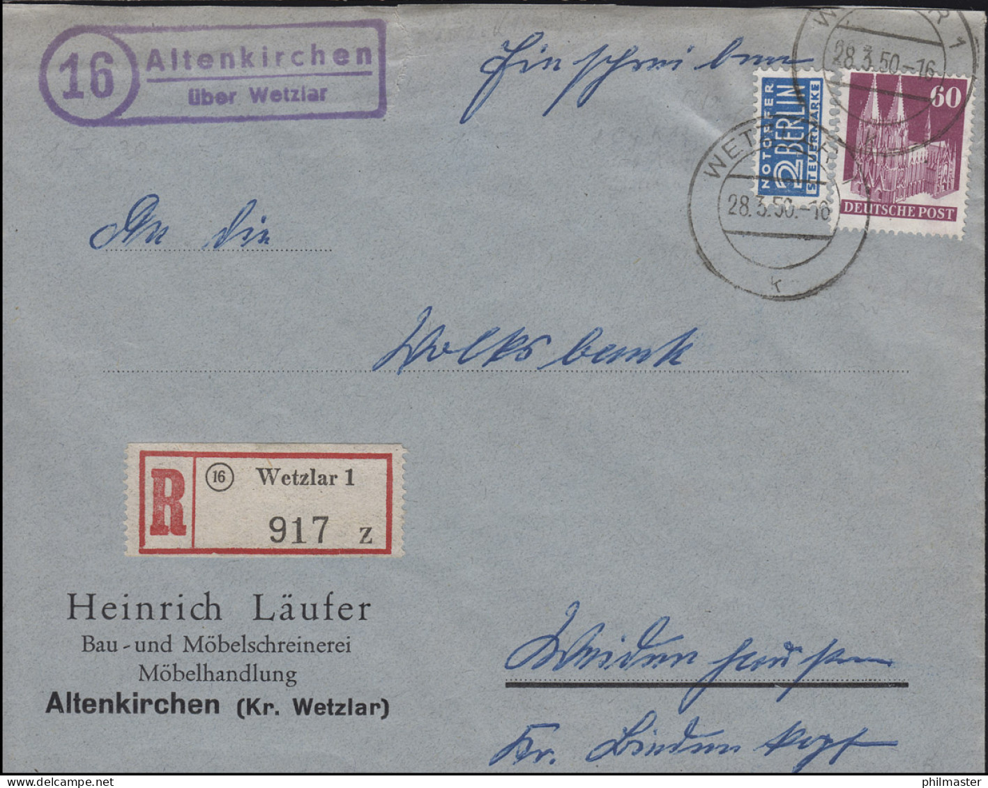 93 Eg Bauten 60 EF R-Brief Landpoststempel Altenkirchen über WETZLAR 28.3.50 - Briefe U. Dokumente