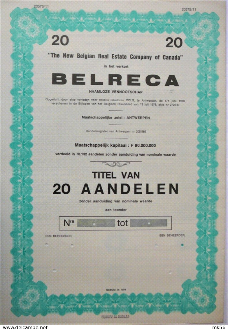 N.V. Belreca - 20 Aandelen Aan Toonder - Specimen - Antwerpen - 1976 - Autres & Non Classés