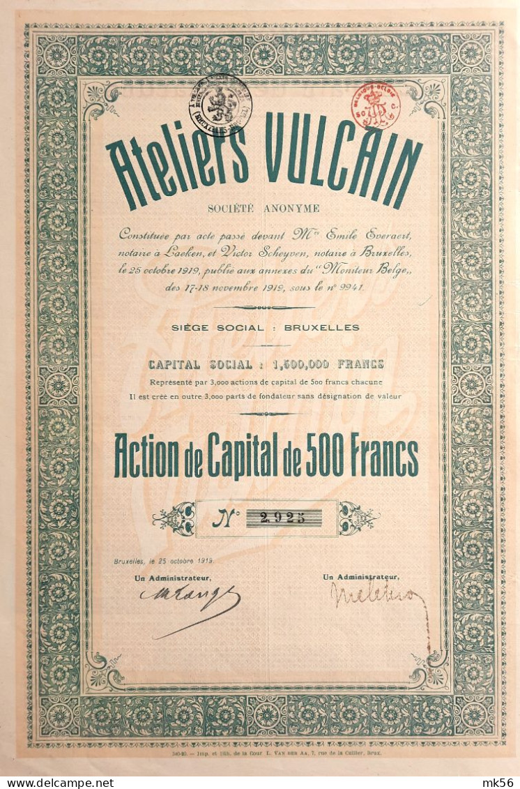 Ateliers Vulcain - Bruxelles - 1919 - Industrie