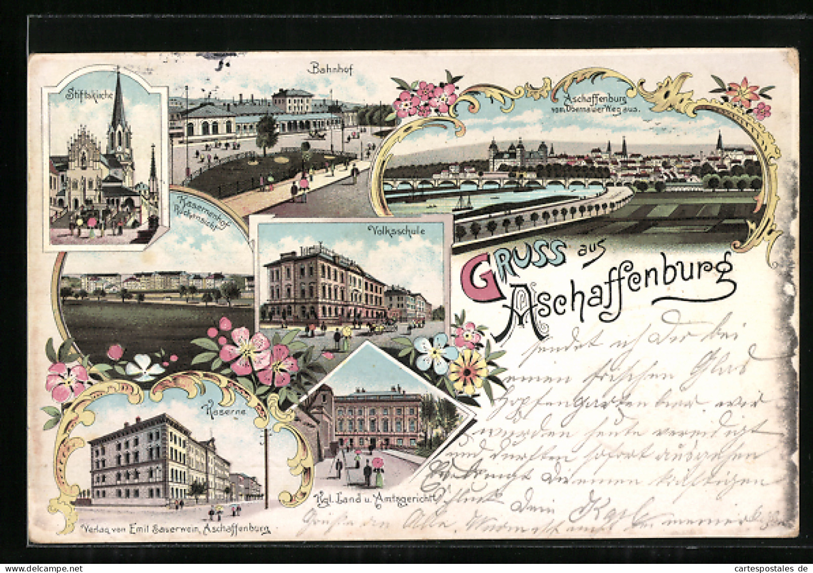 Lithographie Aschaffenburg, Kaserne, Bahnhof, Volksschule  - Aschaffenburg