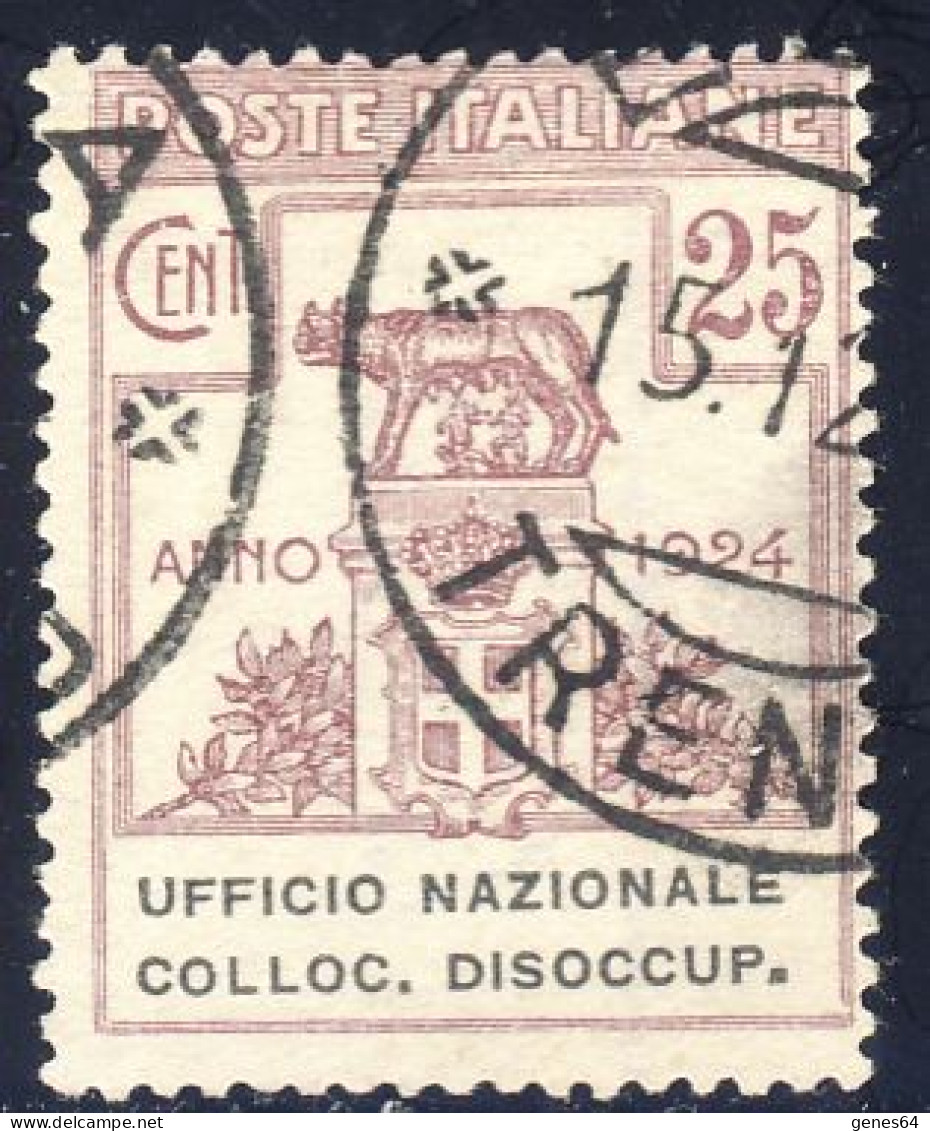 1924 - Enti Parastatali - Ufficio Nazionale Colloc. Disoccup. - 25 C. Annullato Il 15/12/1924 (Sassone N.64) - Portofreiheit