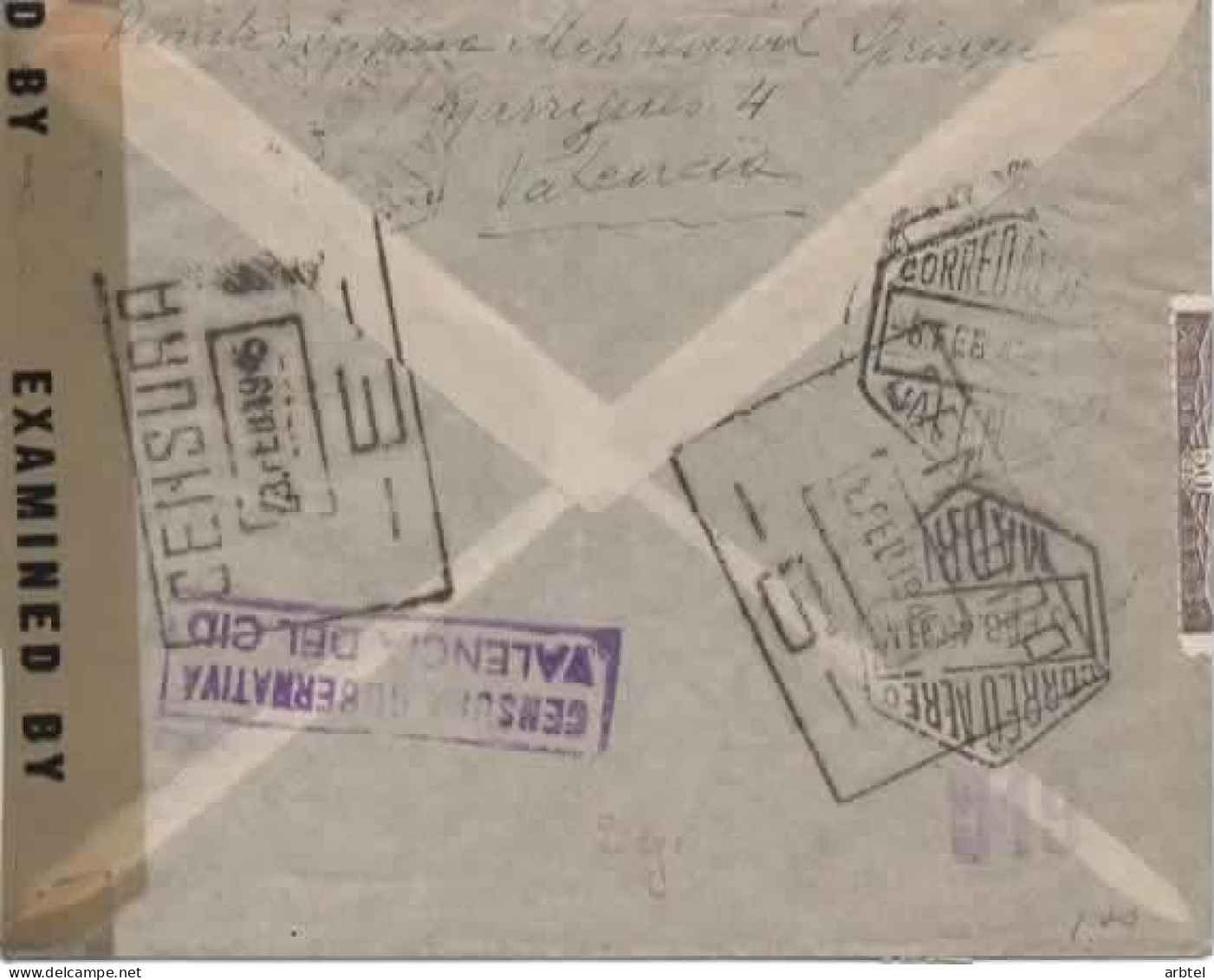 VALENCIA A USA AEREA 1945 CON CENSURAS ESPAÑOLA Y USA MAT HEXAGONAL - Storia Postale