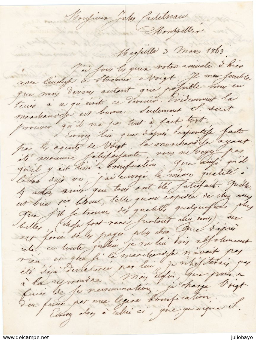 3 Mars 1863 N°17B GC 2240 Marseille Vers Montpellier,Jules Castelnau ,belle Correspondance,signée Calves - 1849-1876: Klassik